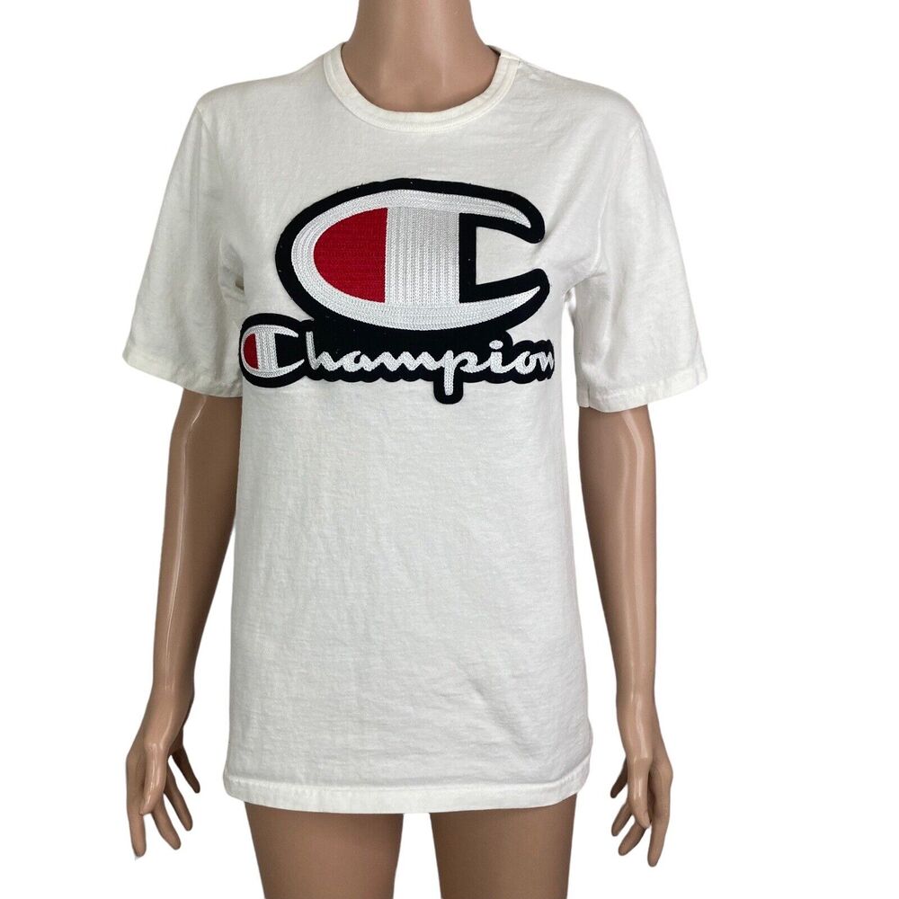 Vintage Champion Tshirt Mens Small Embroidered Large Logo Spellout Stretch